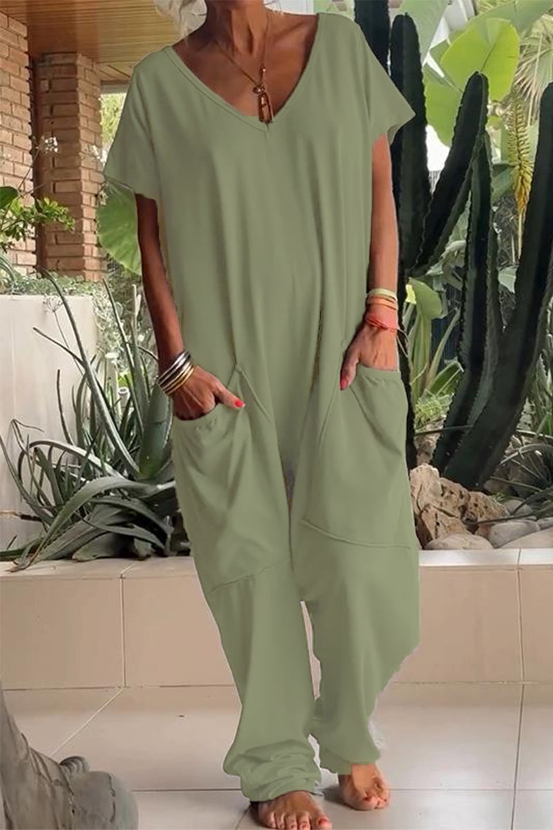 Daniela® | Casual Daily Solid Color Loose V-Neck Pocket Jumpsuits (8 Colors)