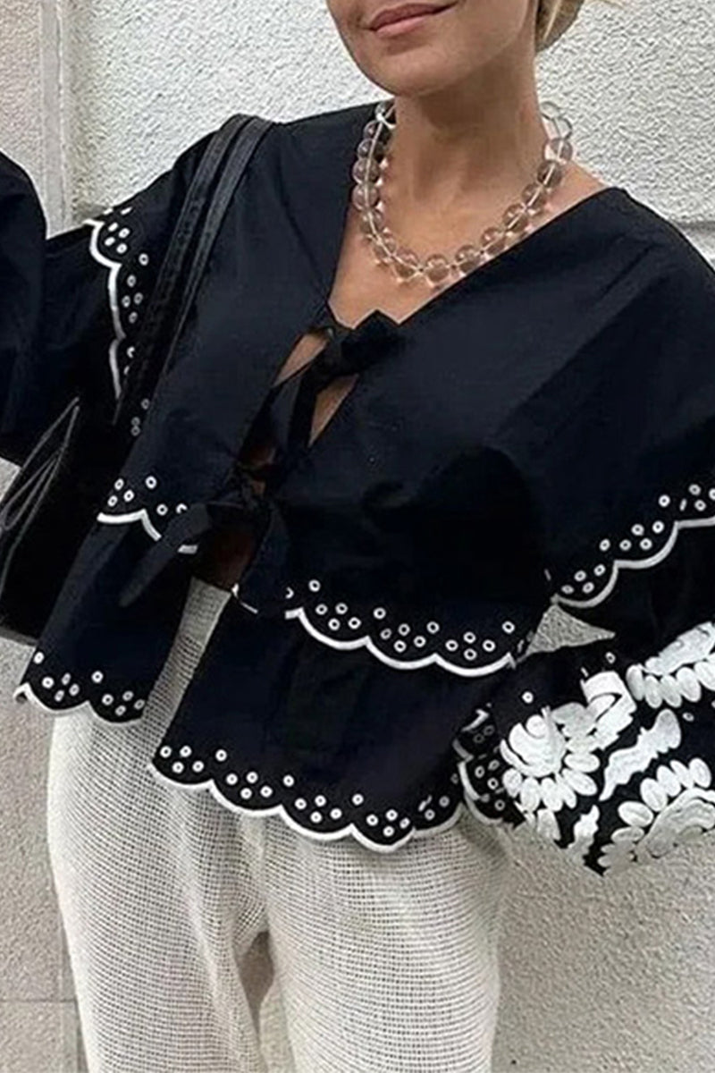 Claudia® | Casual Solid Color Hollow Out Lace Up Patchwork V Neck Blouses (3 Colors)
