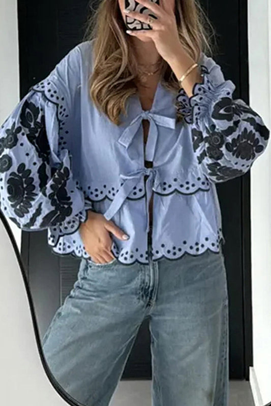 Claudia® | Casual Solid Color Hollow Out Lace Up Patchwork V Neck Blouses (3 Colors)