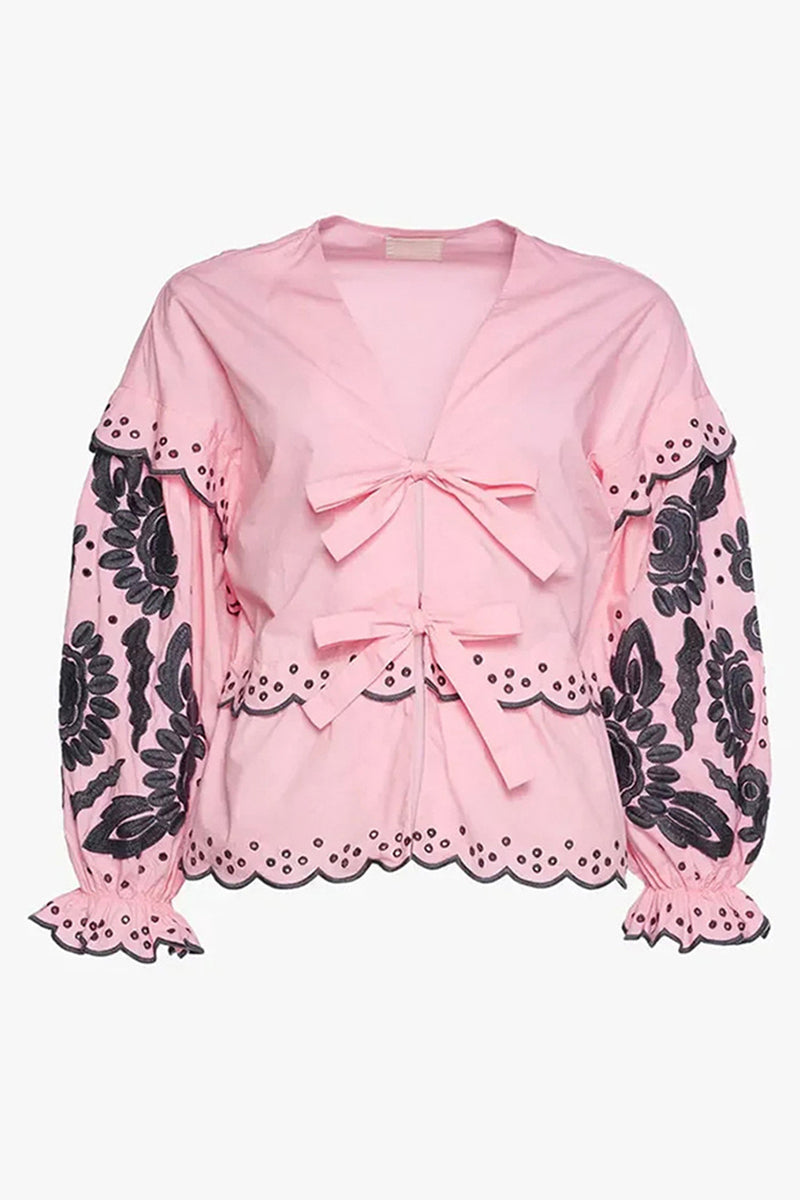 Claudia® | Casual Solid Color Hollow Out Lace Up Patchwork V Neck Blouses (3 Colors)
