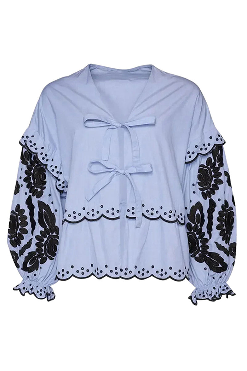 Claudia® | Casual Solid Color Hollow Out Lace Up Patchwork V Neck Blouses (3 Colors)