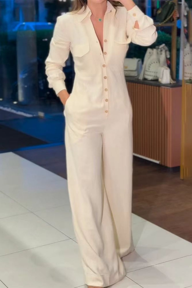 Annemarie® | Casual solid color regular jumpsuits with turn-down collar and pockets