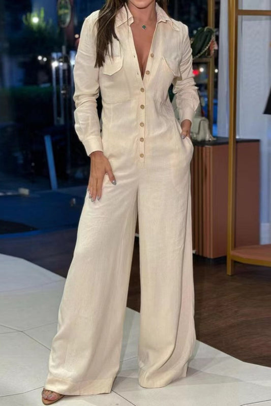 Annemarie® | Casual solid color regular jumpsuits with turn-down collar and pockets
