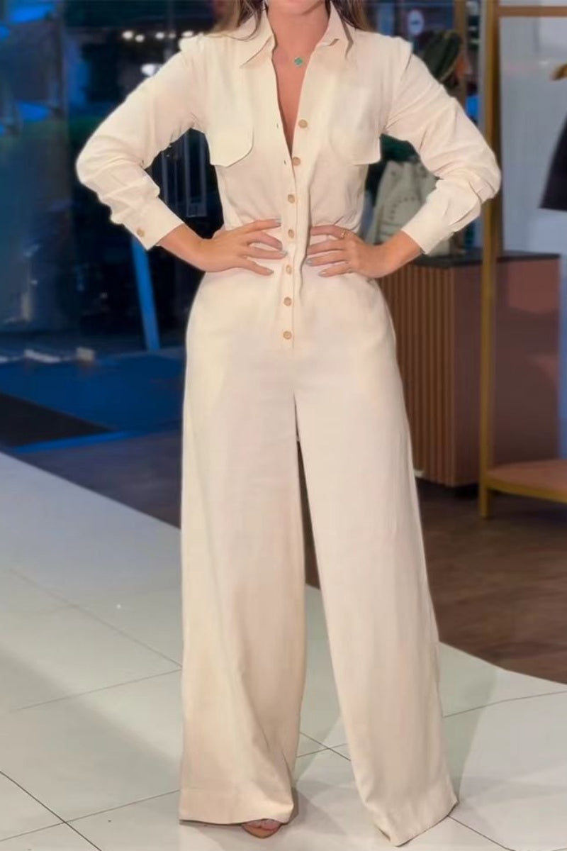 Annemarie® | Casual solid color regular jumpsuits with turn-down collar and pockets