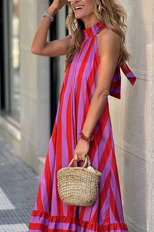 Barbara® | Casual striped print lace-up street style backless sleeveless dresses