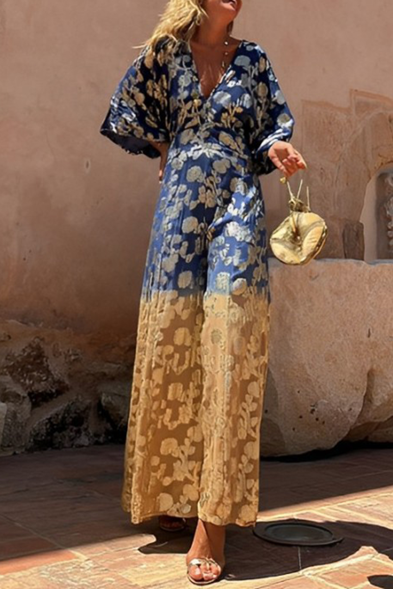 Adriana® | Casual daily loose jumpsuits with gradient print, bronzing pattern and V-neck