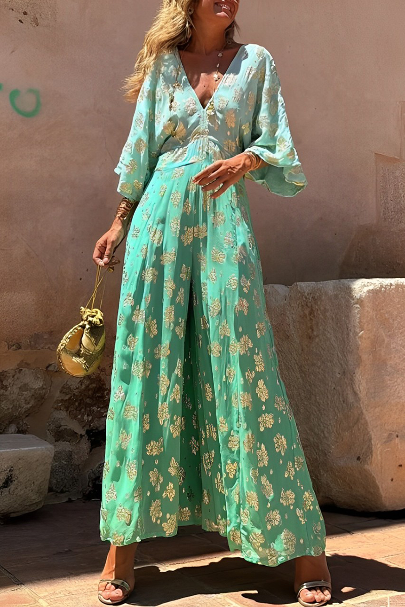 Adriana® | Casual daily loose jumpsuits with gradient print, bronzing pattern and V-neck