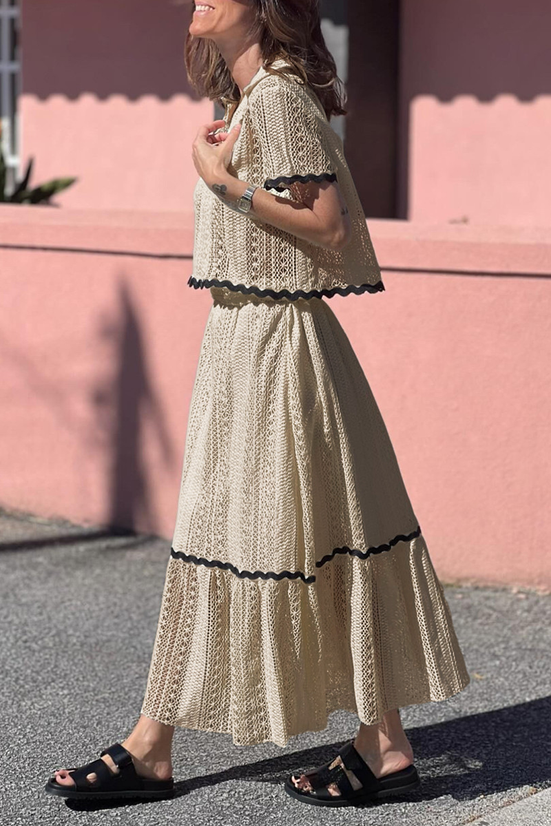 Catherine® | Daily Elegant Solid Color Hollow Out Patchwork Contrast Turn-Down Collar Short Sleeve Two Pieces (3 Colors)