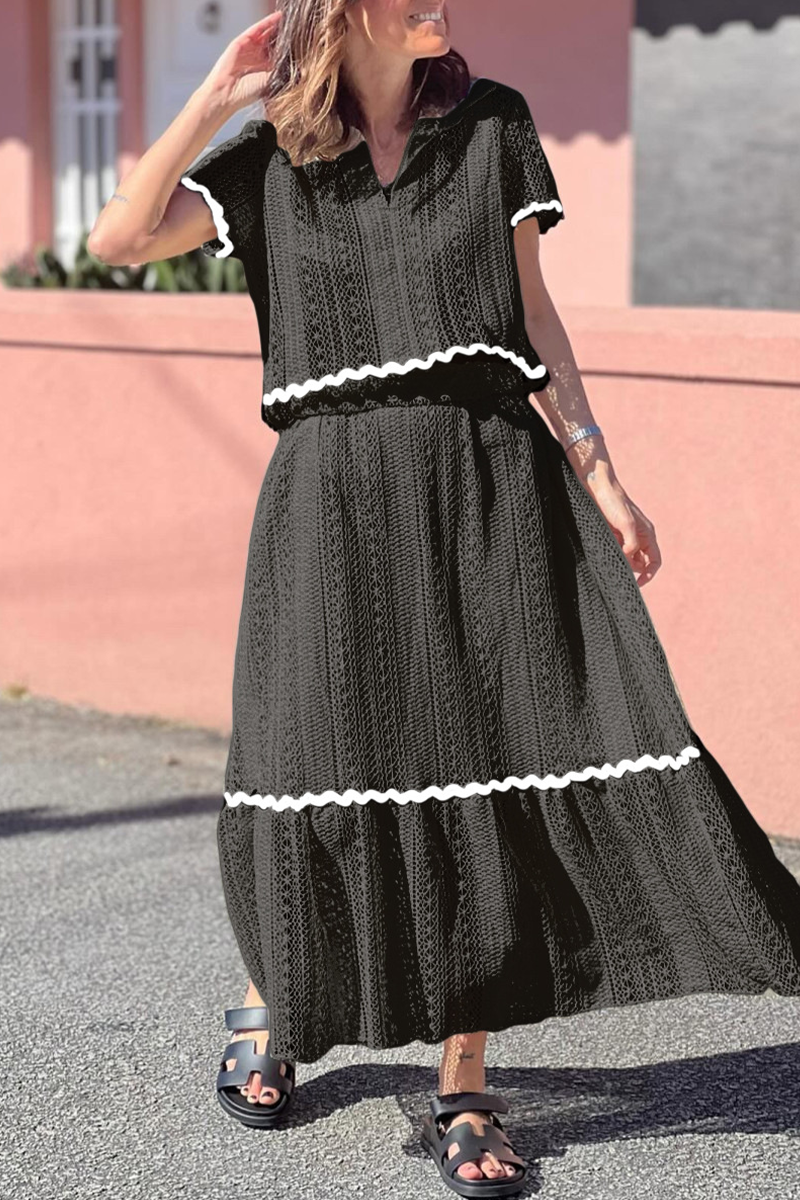 Catherine® | Daily Elegant Solid Color Hollow Out Patchwork Contrast Turn-Down Collar Short Sleeve Two Pieces (3 Colors)
