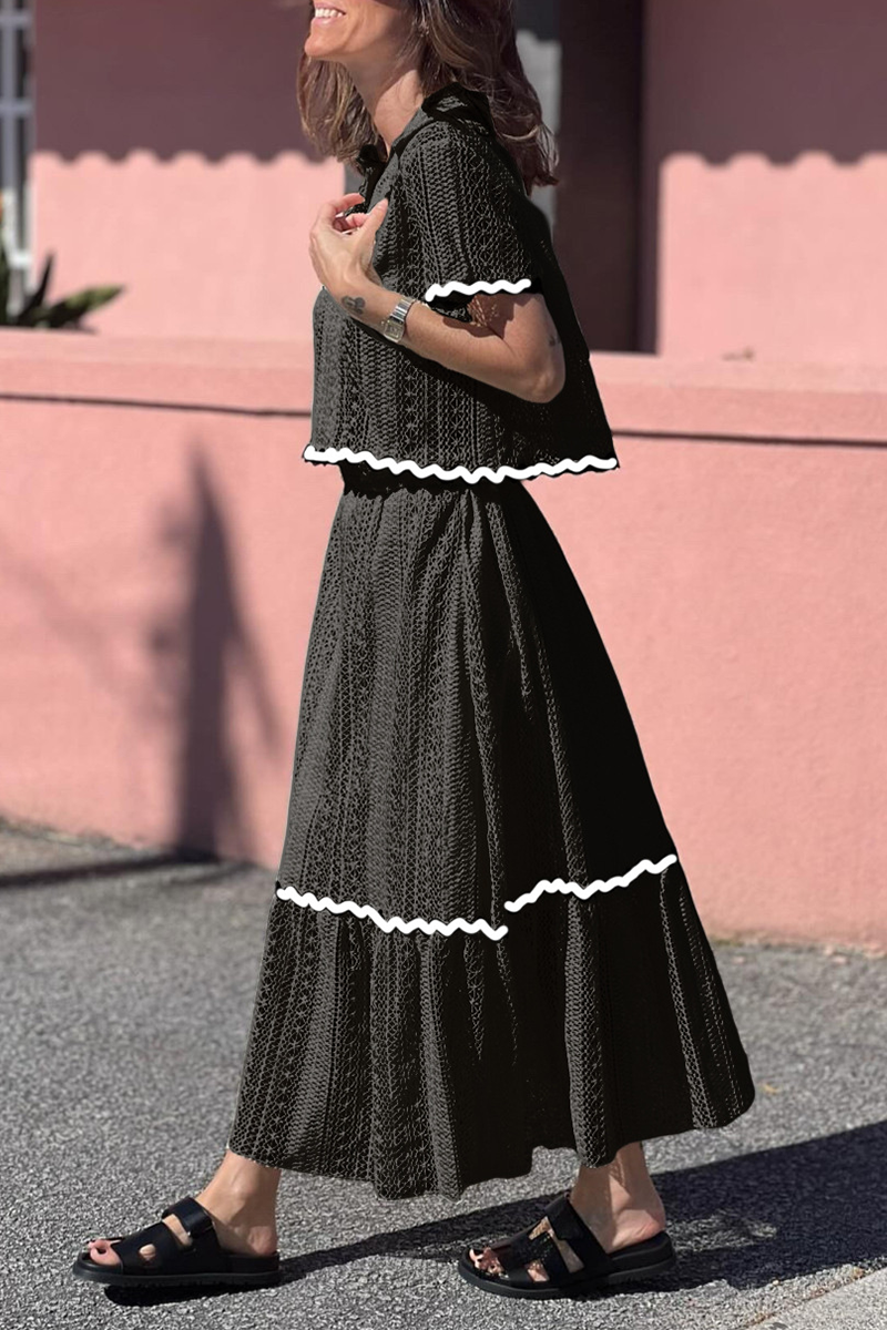 Catherine® | Daily Elegant Solid Color Hollow Out Patchwork Contrast Turn-Down Collar Short Sleeve Two Pieces (3 Colors)