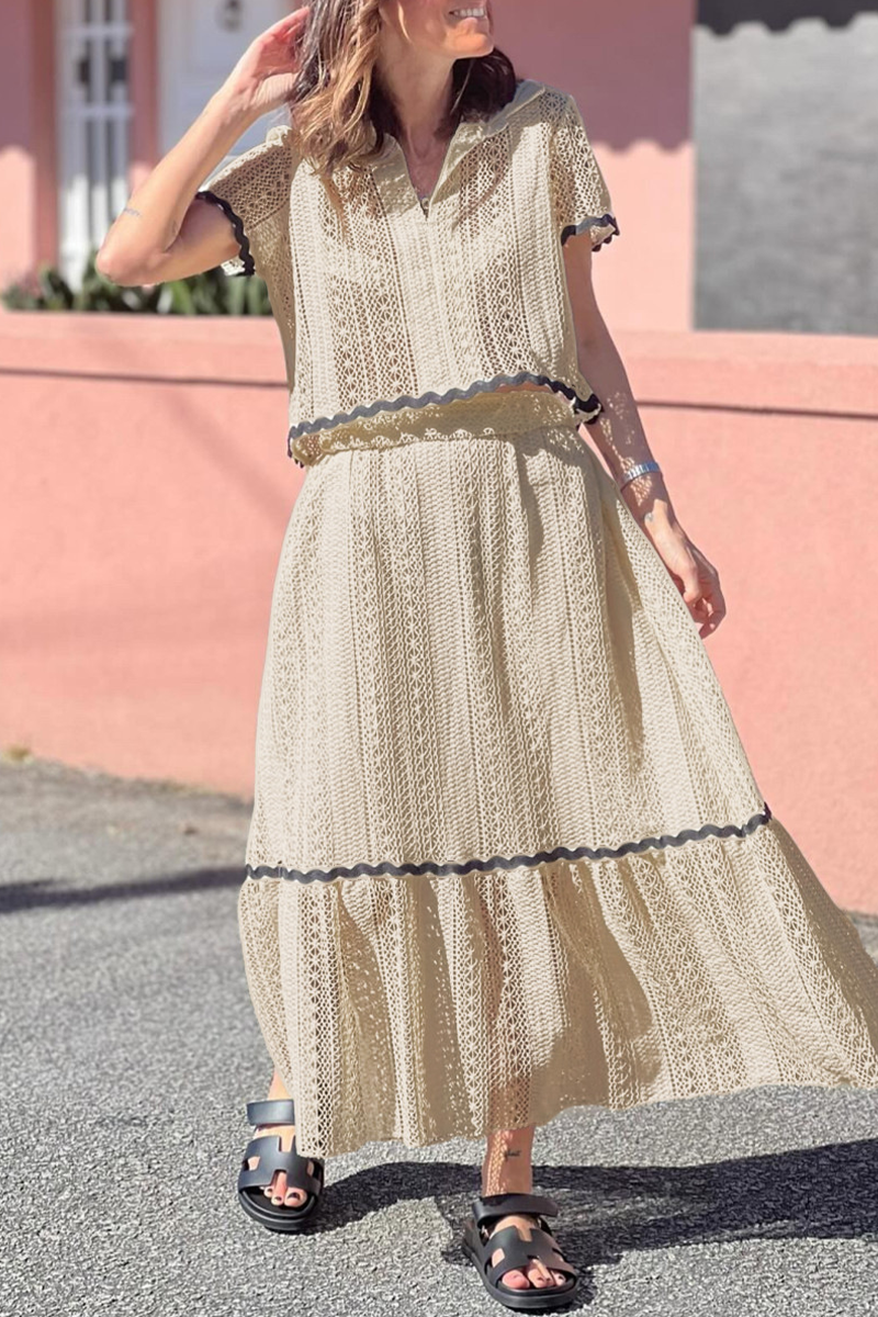Catherine® | Daily Elegant Solid Color Hollow Out Patchwork Contrast Turn-Down Collar Short Sleeve Two Pieces (3 Colors)