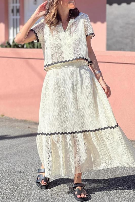 Catherine® | Daily Elegant Solid Color Hollow Out Patchwork Contrast Turn-Down Collar Short Sleeve Two Pieces (3 Colors)