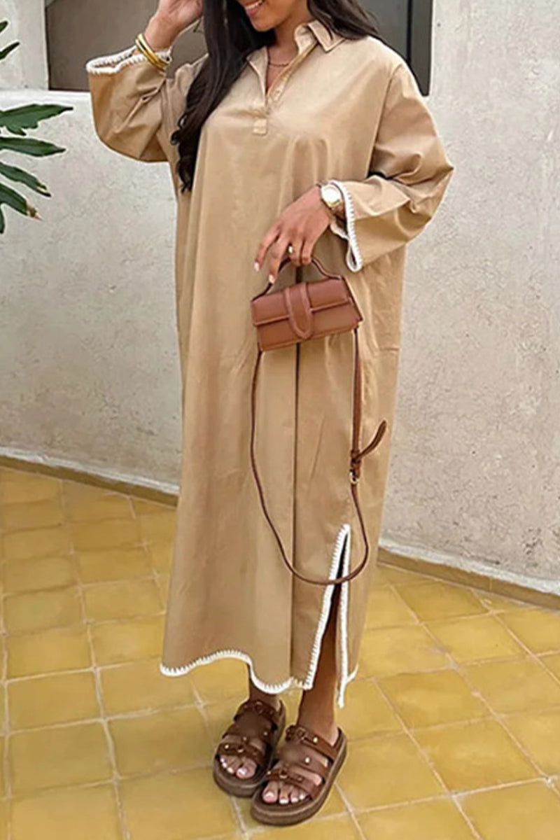 Cassandra® | Solid Color Embroidered Patchwork Slit Turn-Down Collar Long Sleeve Dresses (4 Colors)