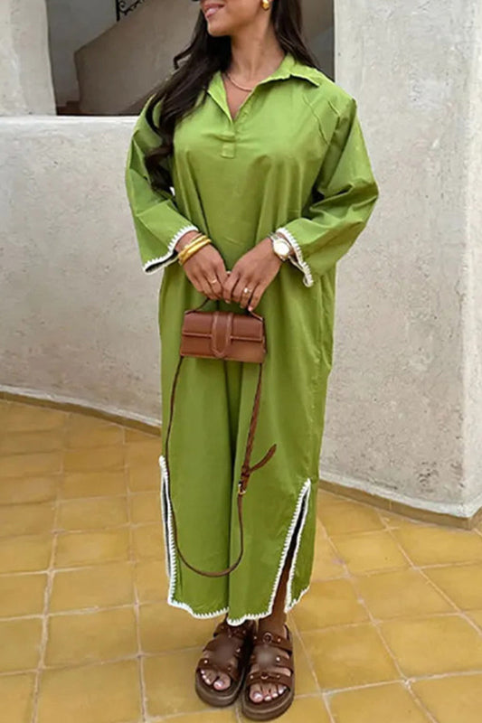Cassandra® | Solid Color Embroidered Patchwork Slit Turn-Down Collar Long Sleeve Dresses (4 Colors)