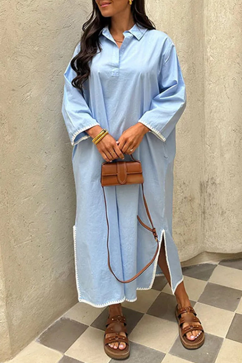 Cassandra® | Solid Color Embroidered Patchwork Slit Turn-Down Collar Long Sleeve Dresses (4 Colors)