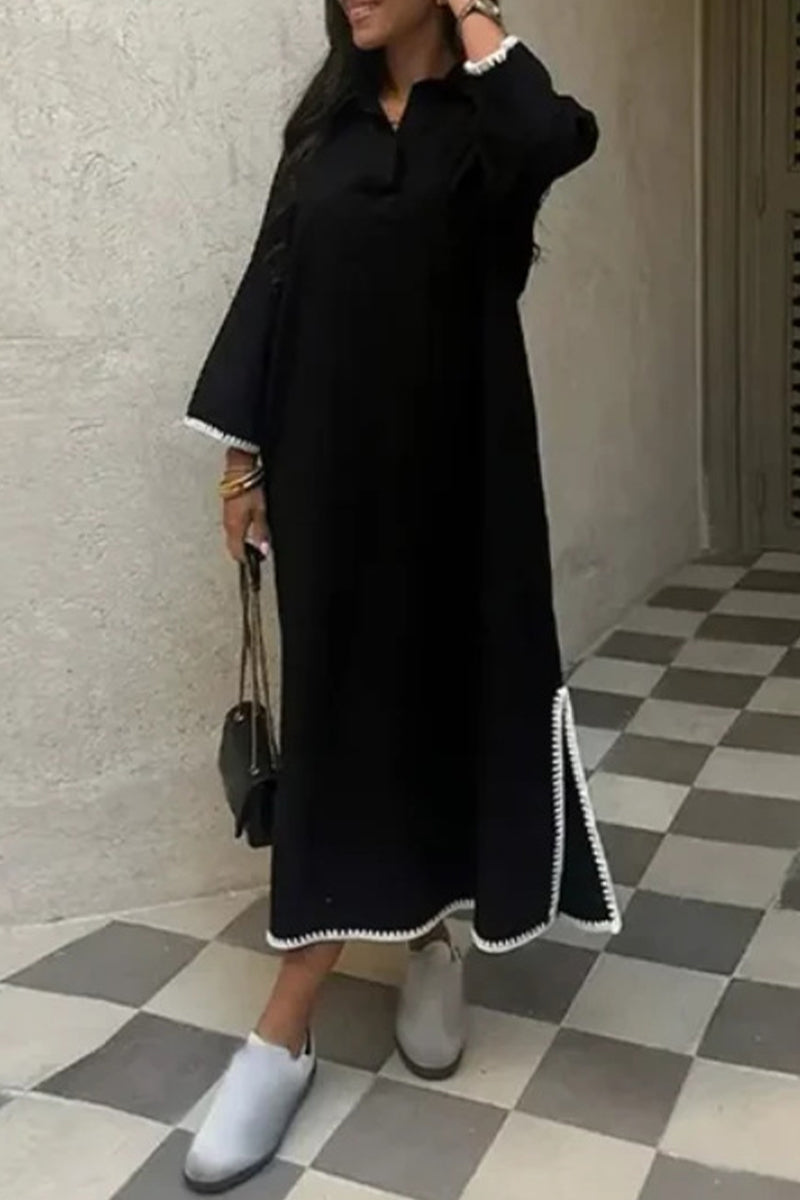 Cassandra® | Solid Color Embroidered Patchwork Slit Turn-Down Collar Long Sleeve Dresses (4 Colors)