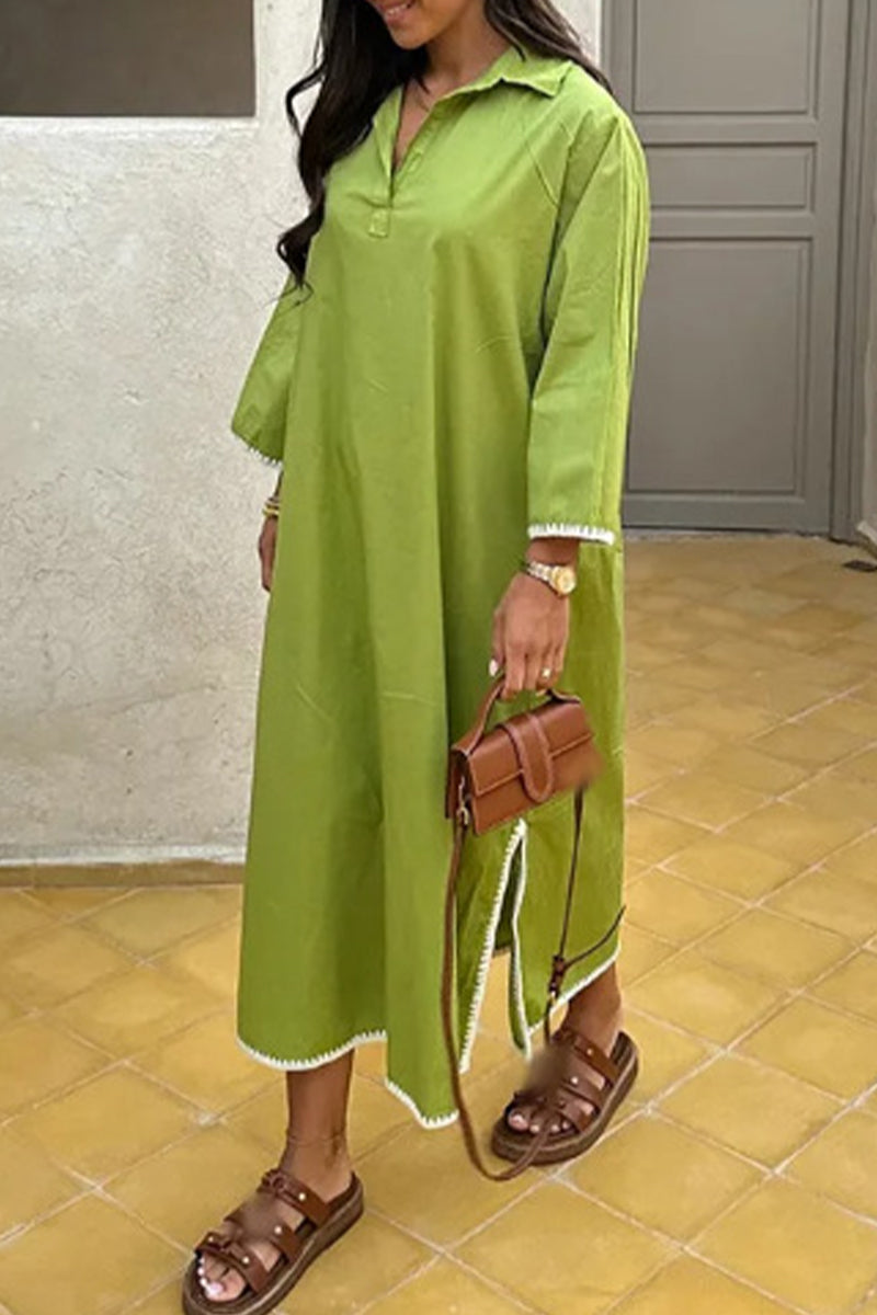 Cassandra® | Solid Color Embroidered Patchwork Slit Turn-Down Collar Long Sleeve Dresses (4 Colors)