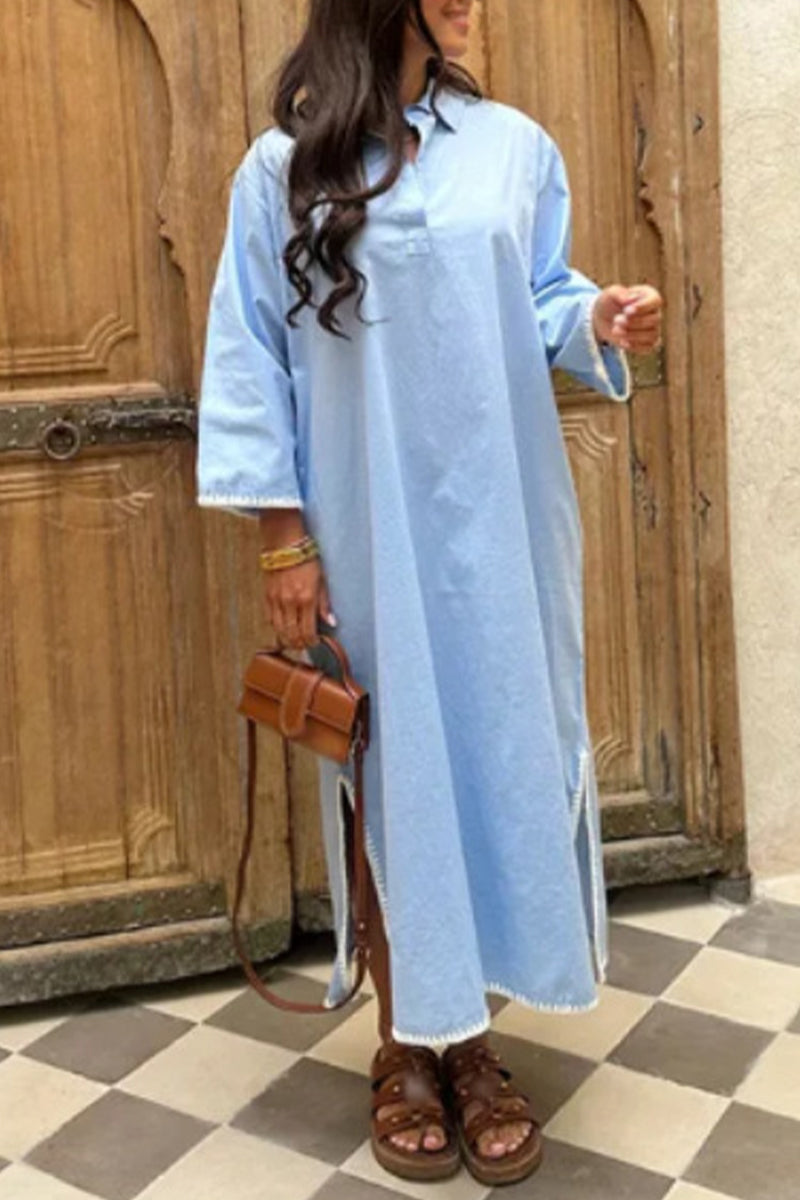 Cassandra® | Solid Color Embroidered Patchwork Slit Turn-Down Collar Long Sleeve Dresses (4 Colors)