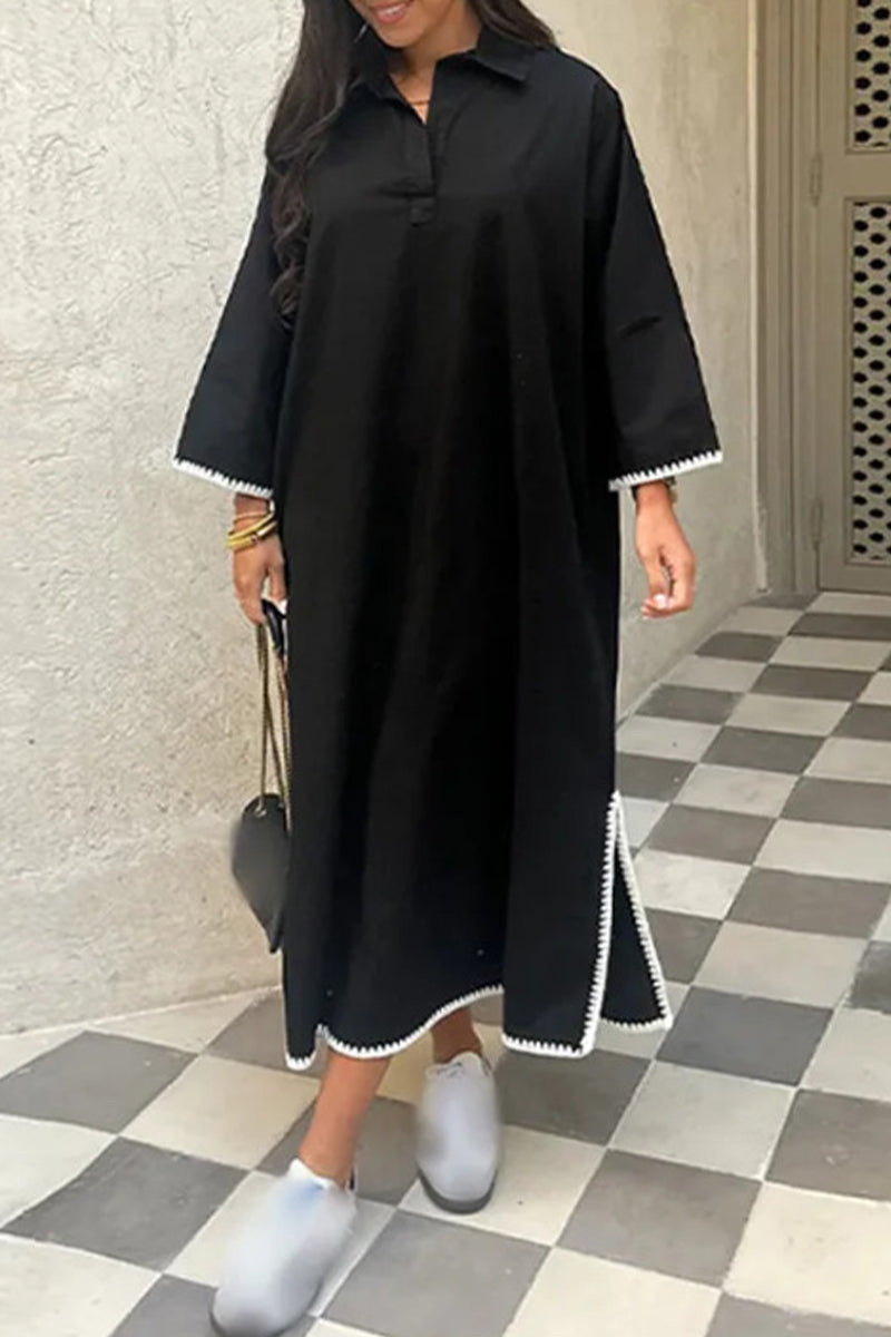 Cassandra® | Solid Color Embroidered Patchwork Slit Turn-Down Collar Long Sleeve Dresses (4 Colors)