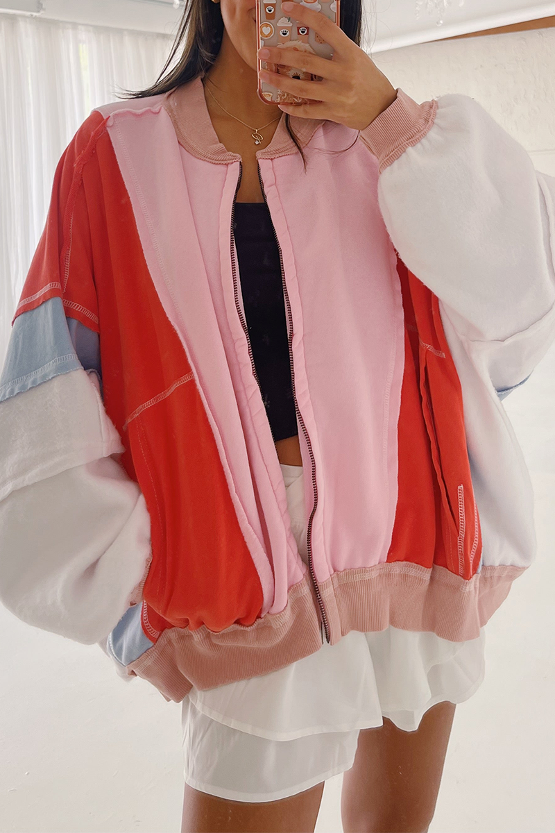 Brianna® | Casual O-neck street outerwear in a distressed color block patchwork design