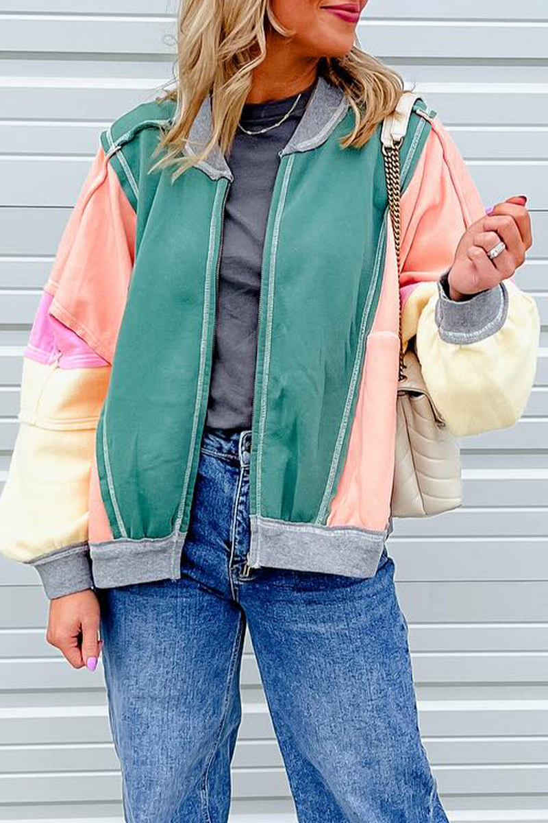 Brianna® | Casual O-neck street outerwear in a distressed color block patchwork design