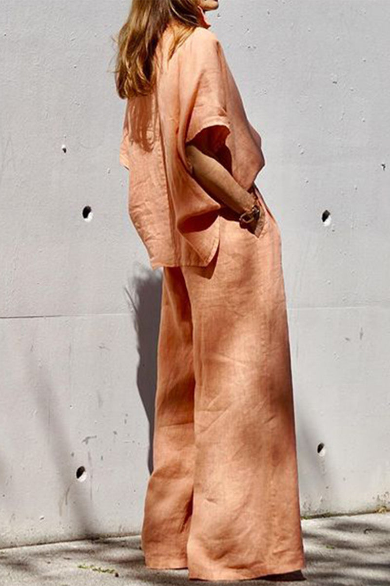 Bianca® | Casual, daily, solid color two-piece suit with pocket turn-down collar and half sleeves