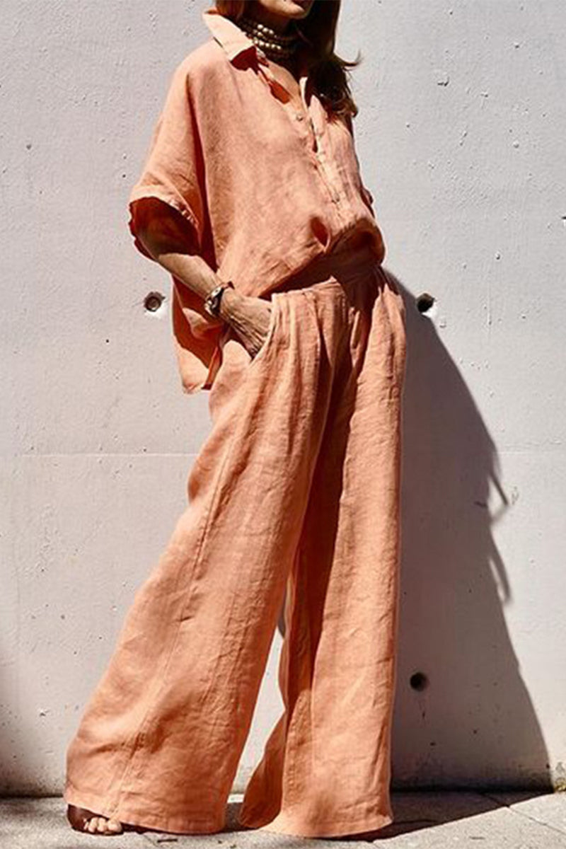Bianca® | Casual, daily, solid color two-piece suit with pocket turn-down collar and half sleeves