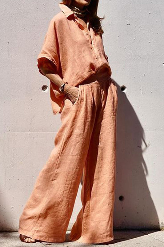 Bianca® | Casual, daily, solid color two-piece suit with pocket turn-down collar and half sleeves