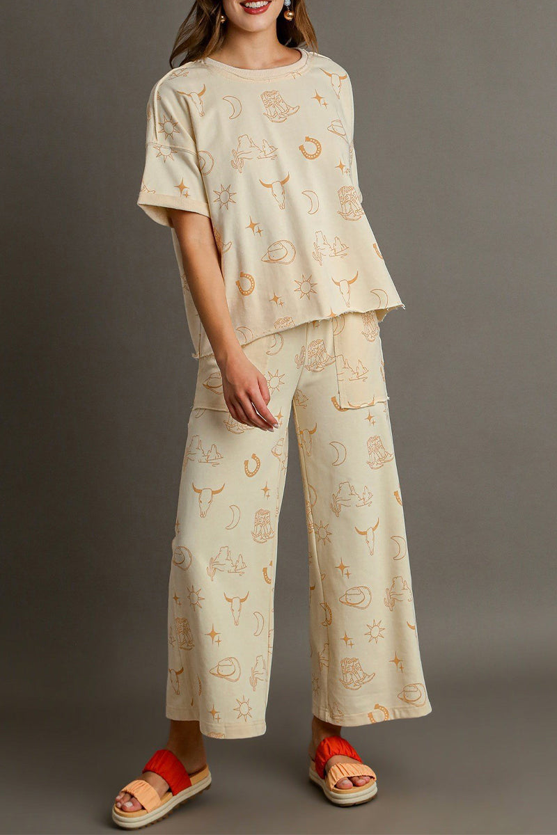 Bella® | Casual two-piece suit with street graffiti print, pocket, O-neck, short sleeves