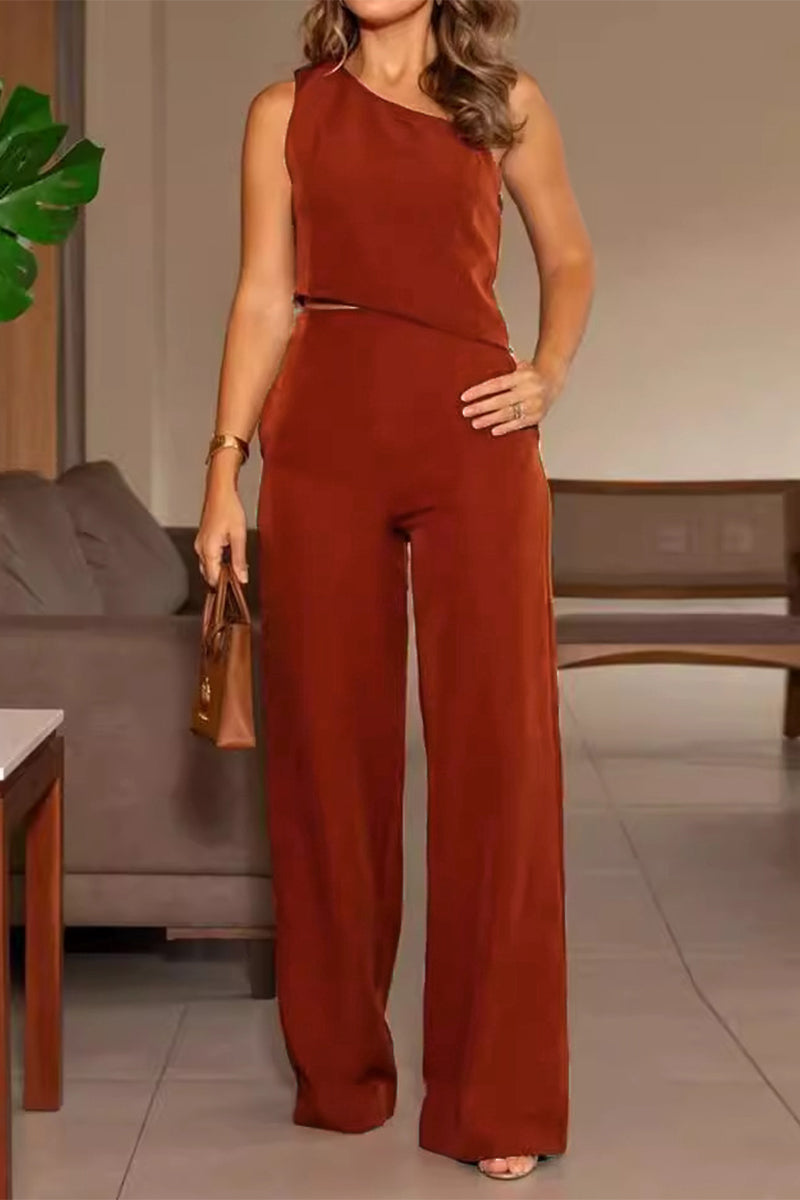 Angela® | Street daily solid color pocket irregular slanted collar sleeveless two-piece