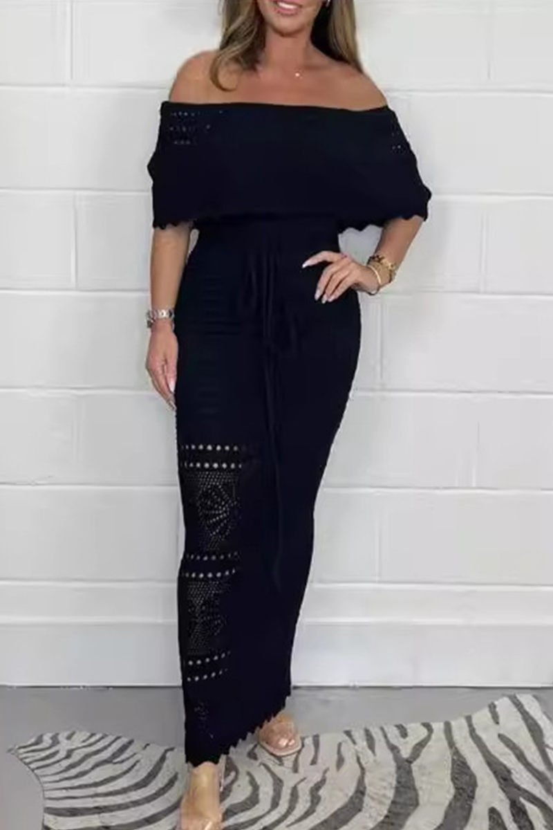 Andrea® | Sexy solid color hollow out woven off shoulder one step skirt dresses