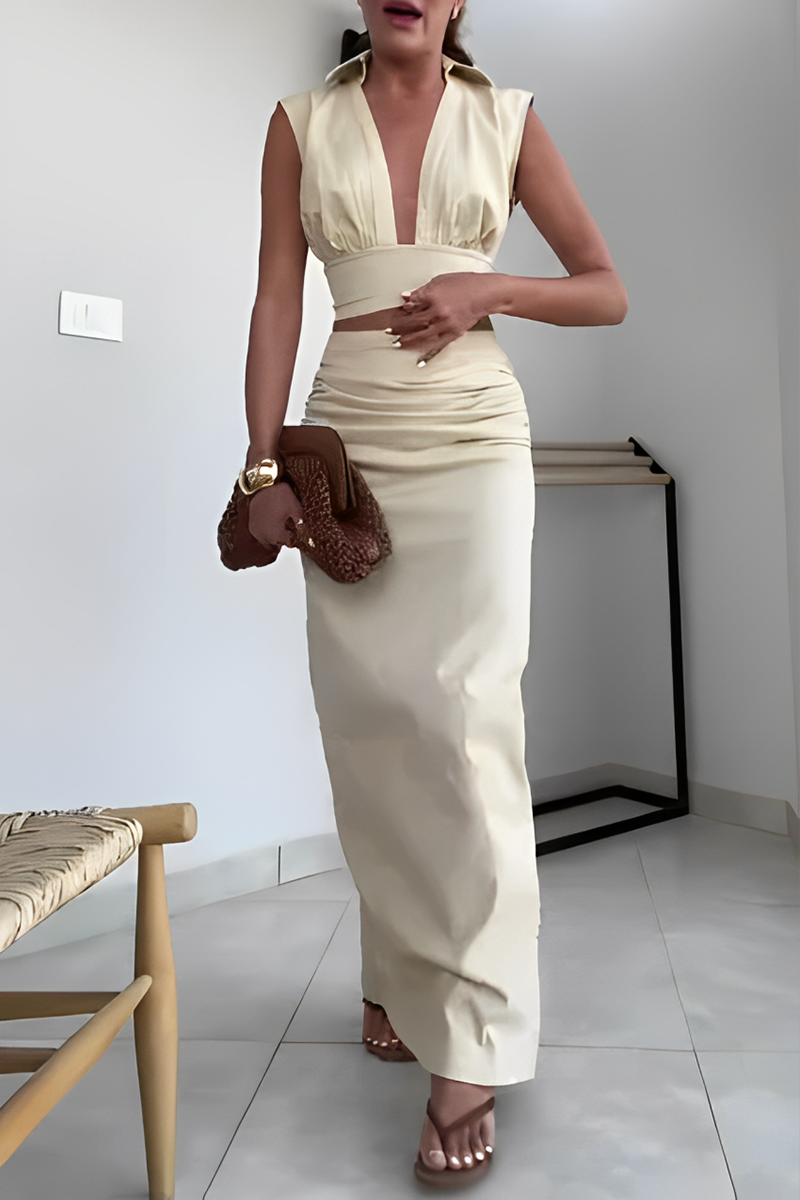 Ashley® | Sexy solid color ruffled sleeveless V-neck two-piece suit