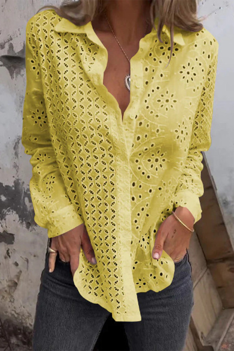 Bella® | Casual Solid Color Hollow Out Turn Down Collar Blouses (7 Colors)