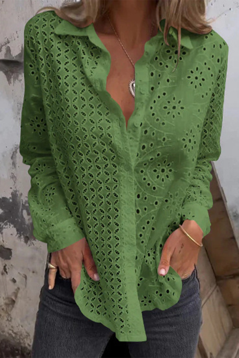 Bella® | Casual Solid Color Hollow Out Turn Down Collar Blouses (7 Colors)