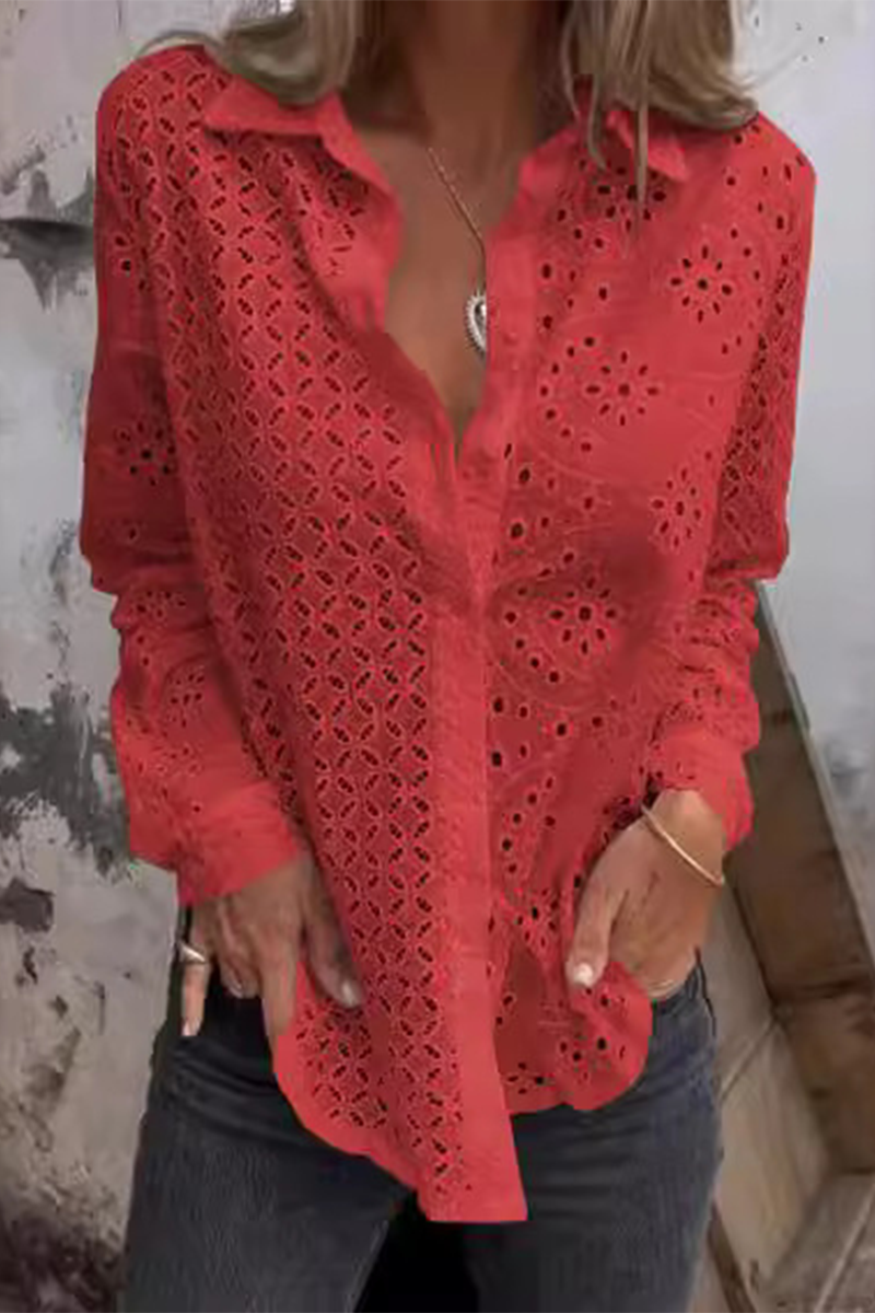 Bella® | Casual Solid Color Hollow Out Turn Down Collar Blouses (7 Colors)