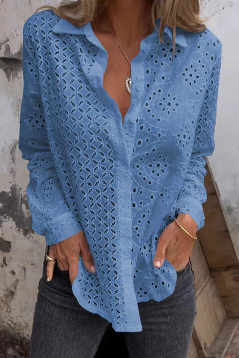 Bella® | Casual Solid Color Hollow Out Turn Down Collar Blouses (7 Colors)