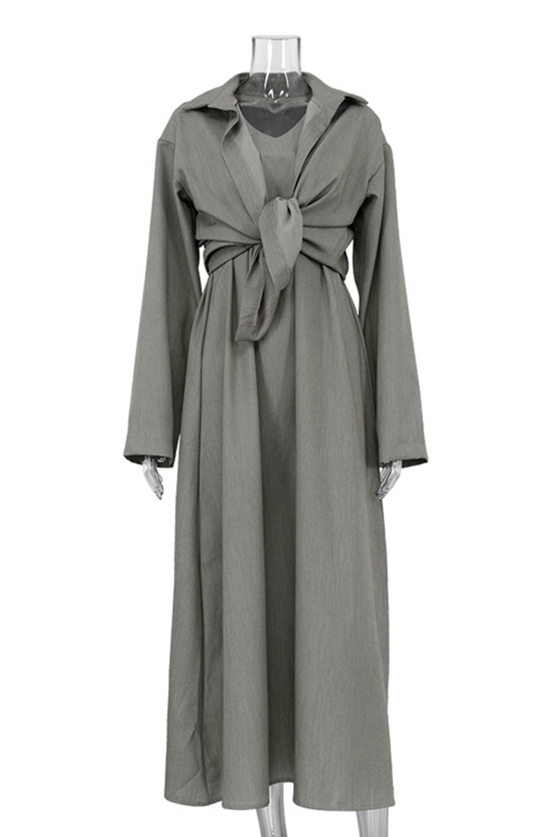 Barbara® | Casual daily solid color patchwork turn-down collar long sleeve two piece