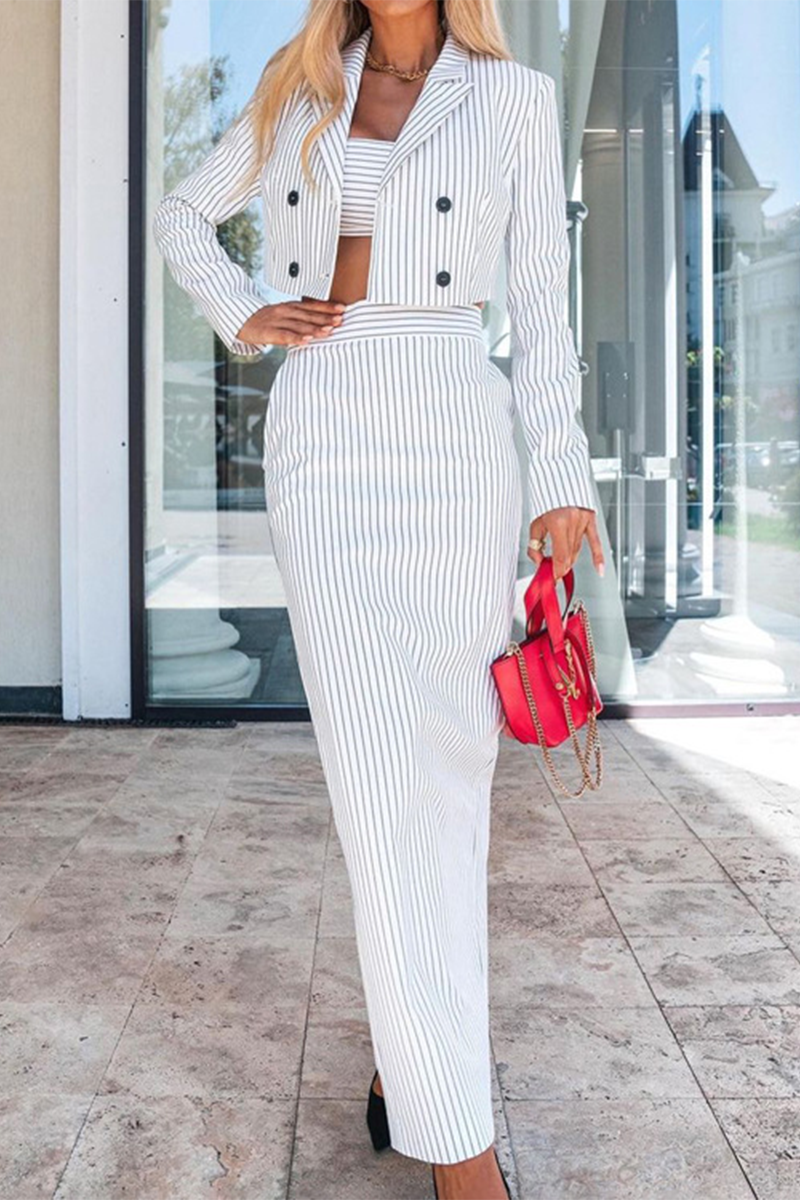 Bea® | Street elegant stripe print, buttons, slit, contrast, reversible collar, long sleeves, two piece