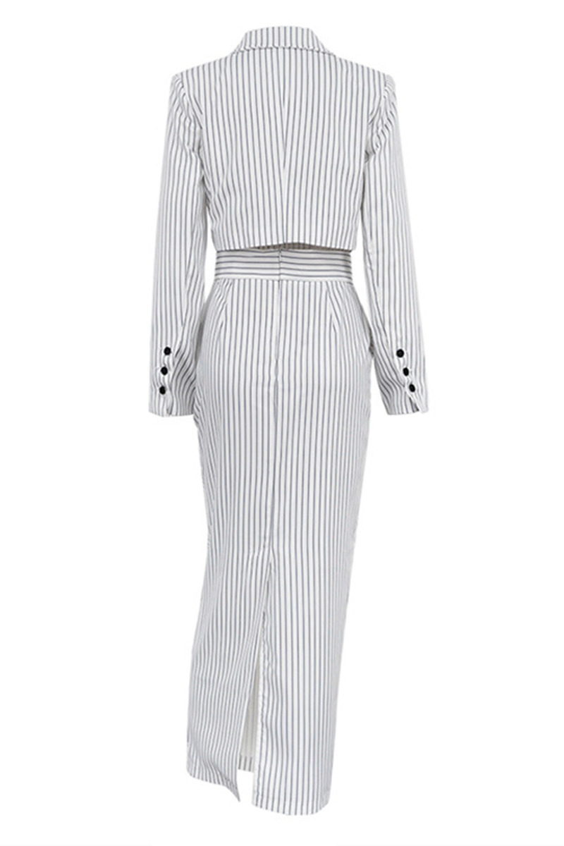 Bea® | Street elegant stripe print, buttons, slit, contrast, reversible collar, long sleeves, two piece