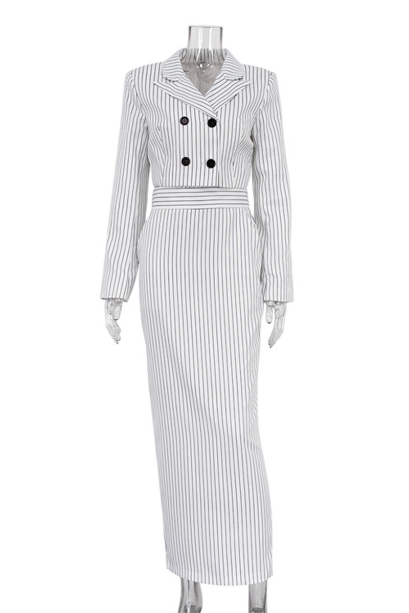 Bea® | Street elegant stripe print, buttons, slit, contrast, reversible collar, long sleeves, two piece