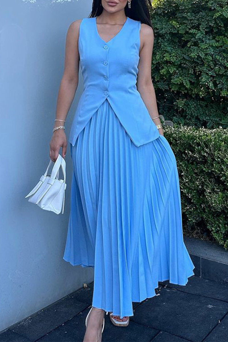 Clara® | Daily Elegant Solid Color Pleated Sleeveless V-Neck Button Two Piece Set (3 Colors)