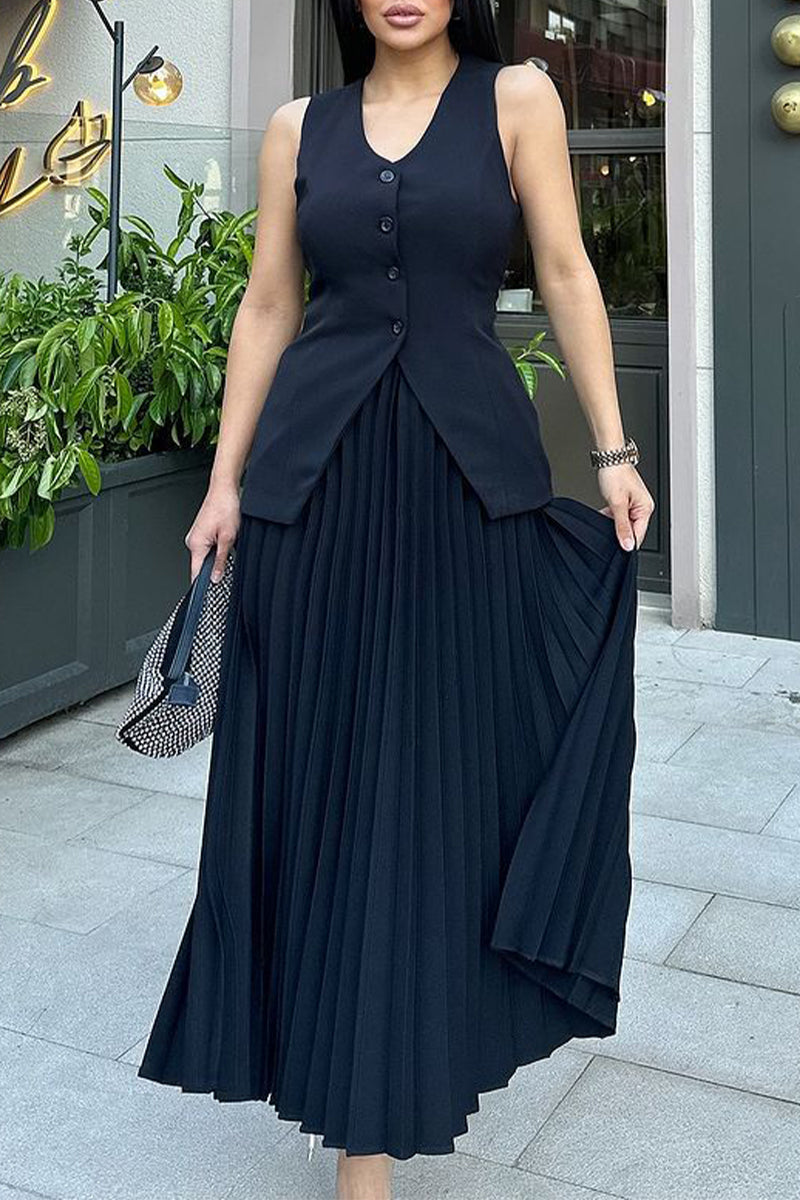 Clara® | Daily Elegant Solid Color Pleated Sleeveless V-Neck Button Two Piece Set (3 Colors)