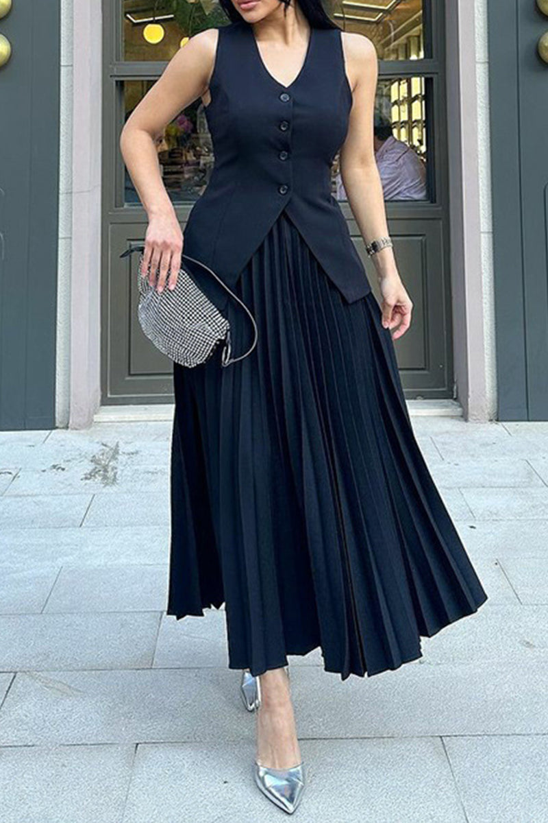 Clara® | Daily Elegant Solid Color Pleated Sleeveless V-Neck Button Two Piece Set (3 Colors)
