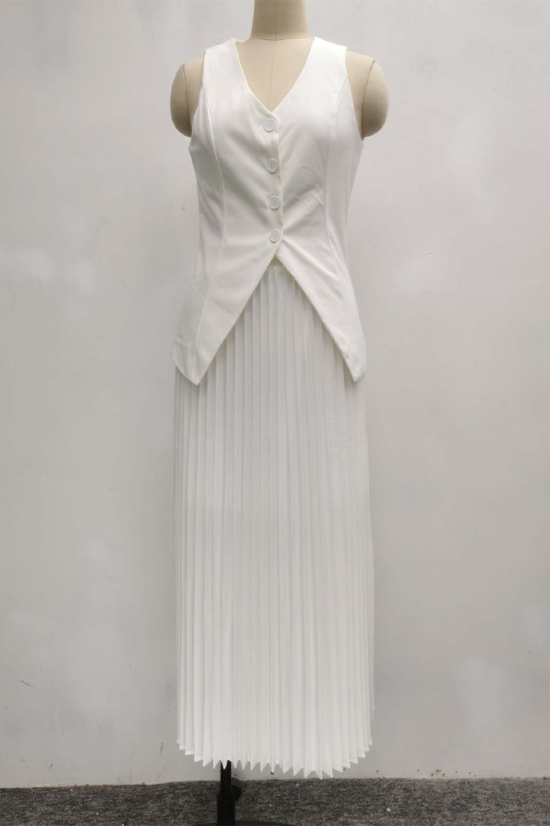 Clara® | Daily Elegant Solid Color Pleated Sleeveless V-Neck Button Two Piece Set (3 Colors)