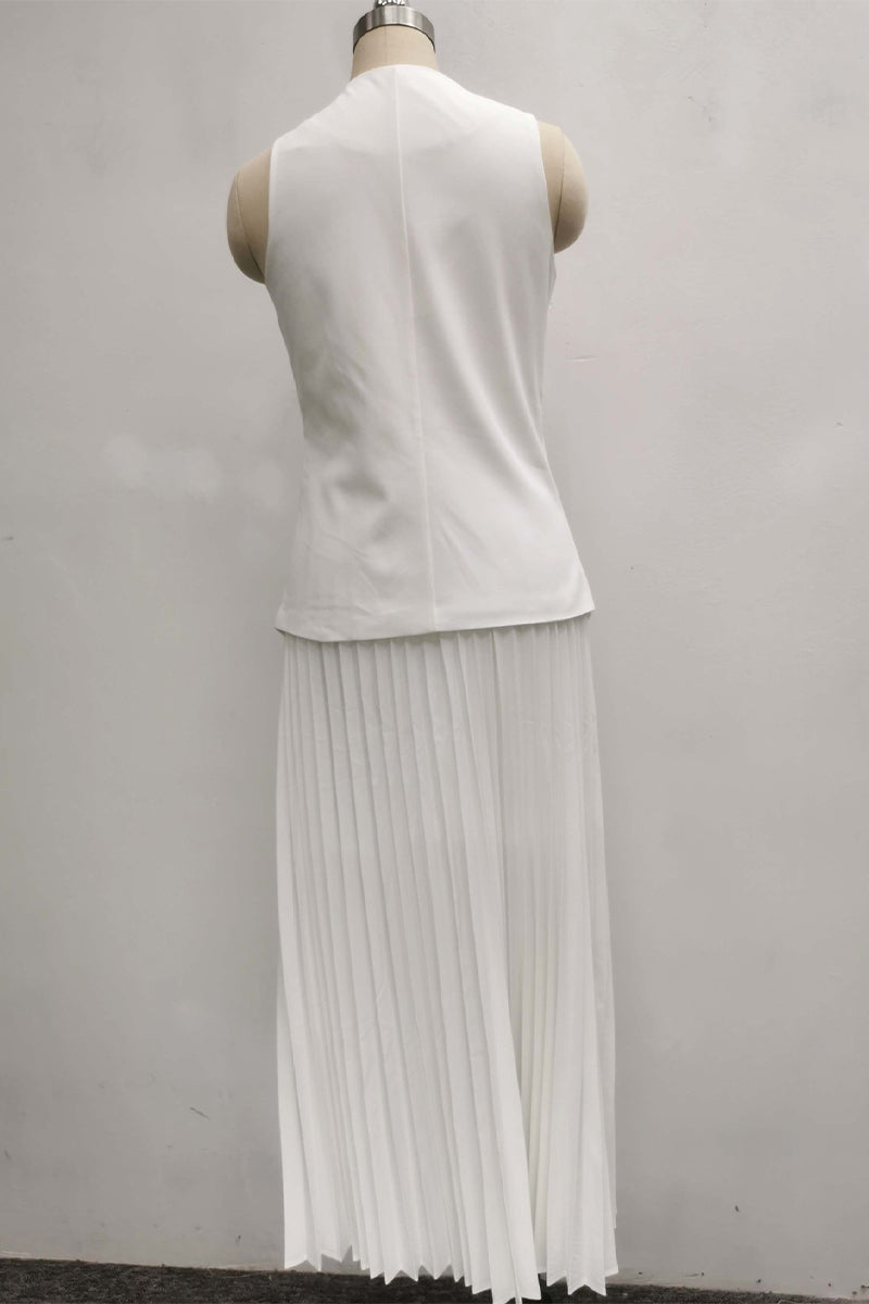 Clara® | Daily Elegant Solid Color Pleated Sleeveless V-Neck Button Two Piece Set (3 Colors)
