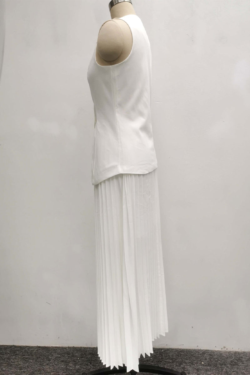 Clara® | Daily Elegant Solid Color Pleated Sleeveless V-Neck Button Two Piece Set (3 Colors)