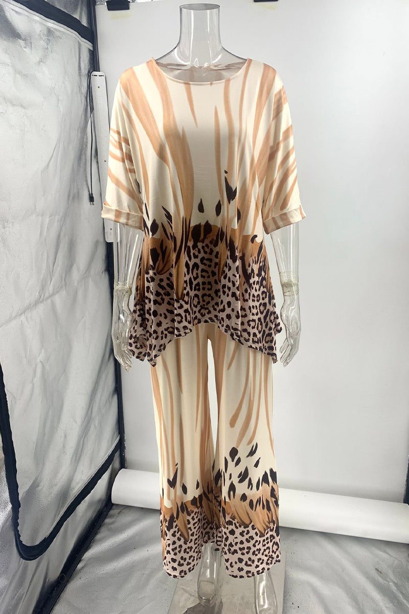 Elena® | Casual leopard print daily three-quarter length two-piece suit with contrast O-neck