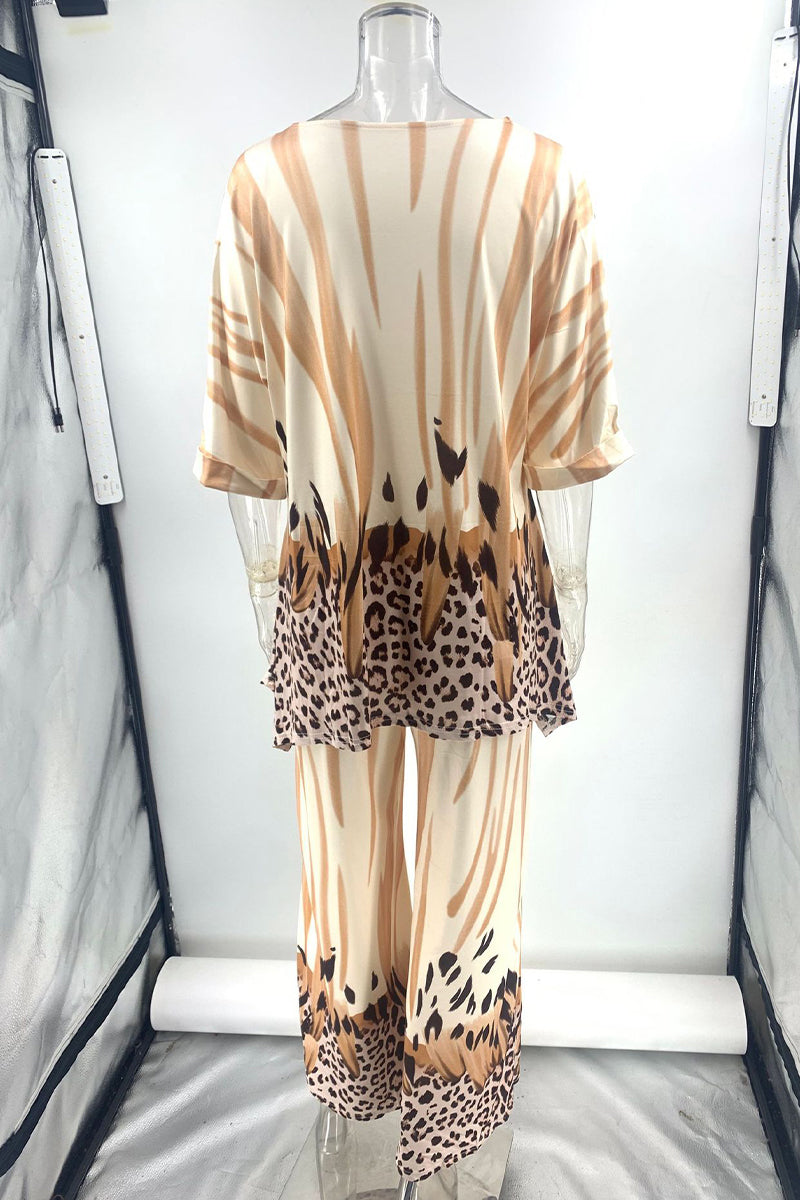 Elena® | Casual leopard print daily three-quarter length two-piece suit with contrast O-neck