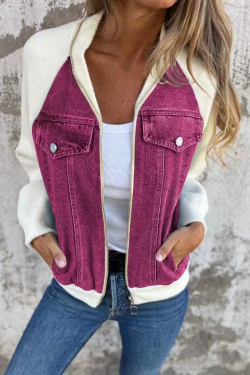 Begoña® | Casual outerwear with a solid color patchwork zipper and contrast turn-down collar