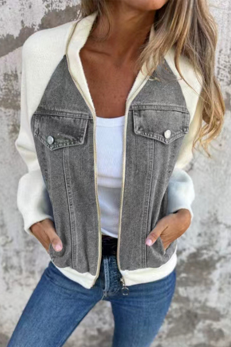 Begoña® | Casual outerwear with a solid color patchwork zipper and contrast turn-down collar